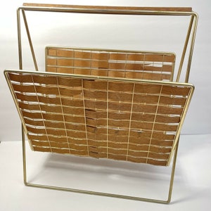 Vintage Mid Century Modern Tiki Weave Brass Wire Newspaper Magazine Rack