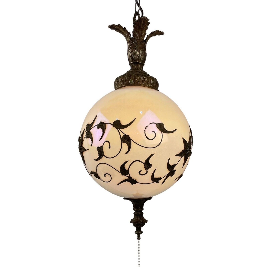 Vntg Mid Century Hanging Swag Pendant Lamp Hollywood Regency Floral