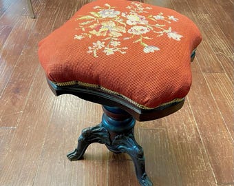 Antique Victorian Piano Vanity Stool Cast Iron Gold W Tassel Crushed Velvet Seat