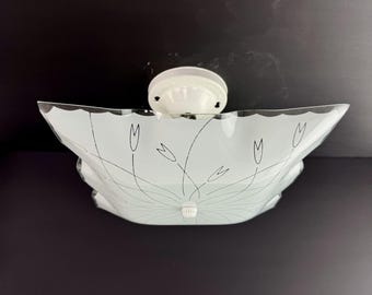 Vintage Brass Ceiling Light Etched Floral Frosted Glass Shade Light Fixture