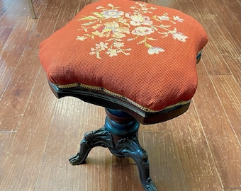 Antique Victorian Piano Vanity Stool Cast Iron Gold W Tassel Crushed Velvet Seat
