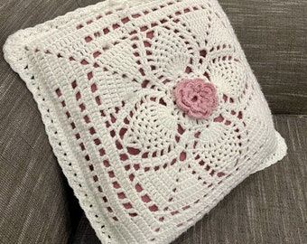 Hand Made Crocheted Granny Floral Square Accent Pillow Cushion 14” x 14”.