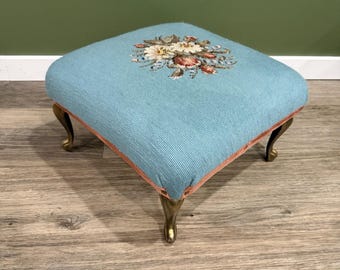 Needlepoint Footstool Ottoman Aqua Pink Brass Claw Feet Vanity Stool Decor
