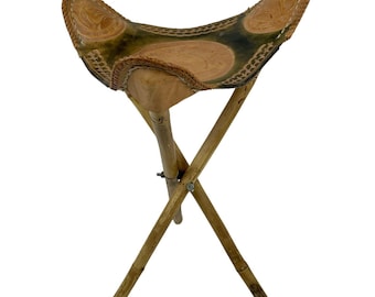 Vtg Leather Tripod Folding Saddle Seat Stool Chair Aztec Mayan Bamboo Legs 21” H