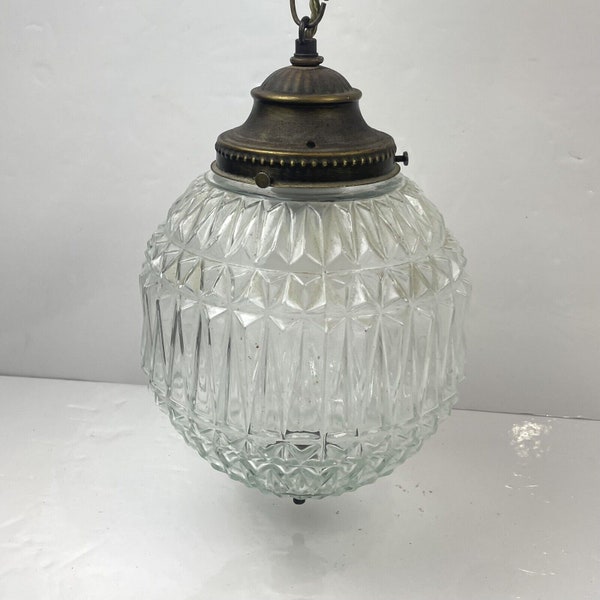 Vintage Chain Pendant MCM Bronze Ceiling Light Fixture Cut Glass 8” Wide Fixture