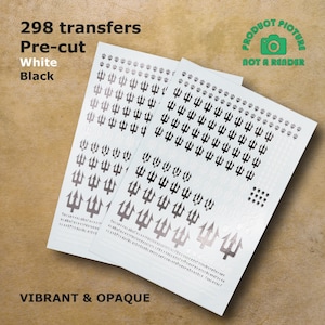 Pre-cut Trident and skulls Waterslide Transfer Decals Compatible with 28 mm tabletop wargaming miniatures.