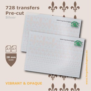 Pre-cut SILVER Fleur de Lys Waterslide Transfer Decals for historical, sci-fi and fantasy 28 mm tabletop wargaming miniatures