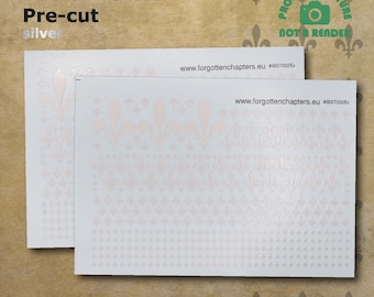 Pre-cut SILVER Fleur de Lys Waterslide Transfer Decals for historical, sci-fi and fantasy 28 mm tabletop wargaming miniatures
