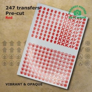 Pre-cut RED Transfers waterslide decals of Squad Icons and numbers compatible with 28 mm tabletop wargaming miniatures