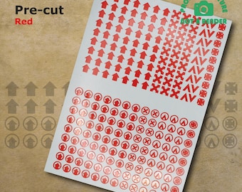Pre-cut RED Transfers waterslide decals of Squad Icons and numbers compatible with 28 mm tabletop wargaming miniatures
