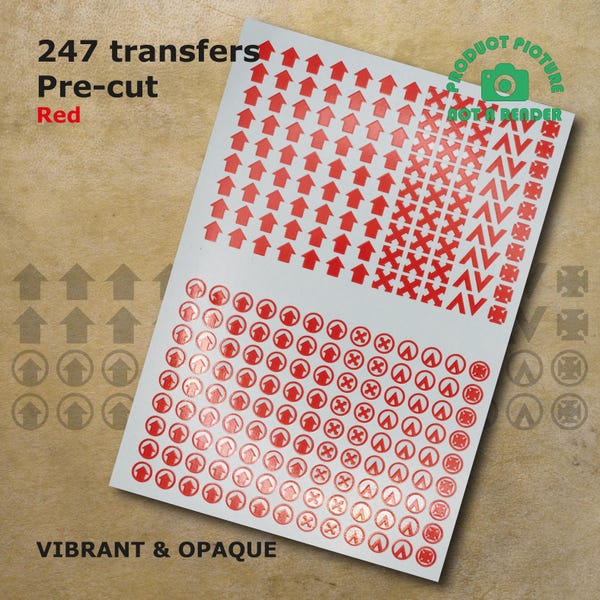 Voorgesneden RODE transfers waterglijbaanstickers van squadronpictogrammen en -nummers compatibel met wargamingminiaturen op tafel van 28 mm