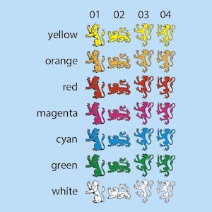 May include: A chart with seven rows of lions in different colors. The colors are yellow, orange, red, magenta, cyan, green, and white. Each row has four lions, labeled 01, 02, 03, and 04.
