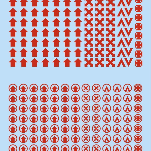 Décalcomanies à eau prédécoupées RED Transfers des icônes et des numéros d'équipe compatibles avec les miniatures de table de 28 mm.