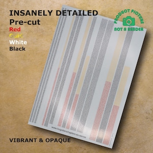 Pode incluir: Uma folha de papel pré-cortada com um design detalhado em preto, branco, vermelho e amarelo. A folha é etiquetada como "INSANELY DETAILED" e "VIBRANT & OPAQUE".