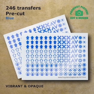 Könnte beinhalten: Eine Bogen mit 246 blauen, vorgefertigten Transfers zum Modellbau. Die Transfers zeigen eine Vielzahl von Symbolen, darunter Pfeile, Kreuze und andere Formen. Der Bogen ist mit "246 Transfers Vorgefertigt Blau" und "LEUCHTEND & UNDURCHSICHTIG" beschriftet.
