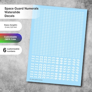 Könnte beinhalten: Wassertransfer-Abziehbilder mit sechs anpassbaren Zahlen von 1 bis 6 in einer weißen, stilisierten Schriftart auf hellblauem Hintergrund. Die Zahlen sind 2 mm und 6,5 mm hoch.