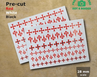 Pre-cut Transfers depicting crusader orders that fit perfectly into historical, sci-fi and fantasy 28 mm scale tabletop miniatures