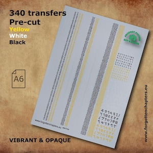 May include: A sheet of transfers with text and patterns in yellow, white, and black. The sheet includes the text "340 transfers", "Pre-cut", "VIBRANT & OPAQUE", and "A6". The website www.forgottenchapters.eu is also visible.