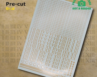 Calcas al agua GOLD Transfer precortadas con números romanos compatibles con miniaturas de juegos de guerra de mesa de 28 mm