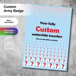 Custom A4 waterslide decals for 28mm tabletop miniatures. Design and printing. White possible.