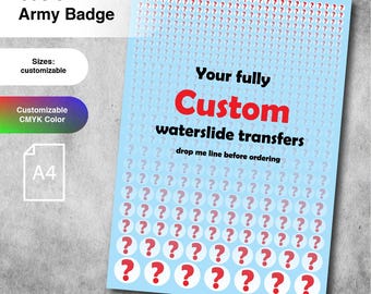Custom A4 waterslide decals for 28mm tabletop miniatures. Design and printing. White possible.