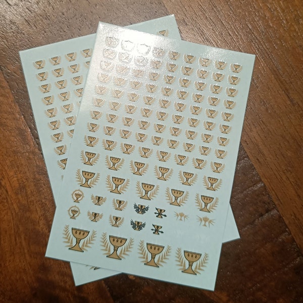 Pre-cut Warped Chalices / Grail Knights Waterslide Transfer Decals for 28 mm tabletop miniatures of marines in space, Drinkers of Souls.