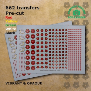 May include: A sheet of 662 pre-cut transfers featuring a red rose design with green leaves. The transfers are on a white background and are labelled "www.forgottenchapters.eu #BST044".
