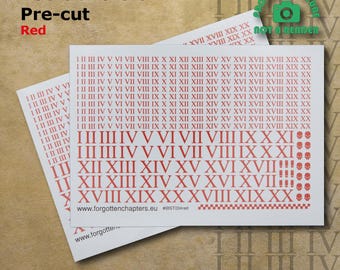 Pre-cut Roman Numerals RED Transfers Waterslide Decals compatible with 28 mm tabletop wargaming miniatures