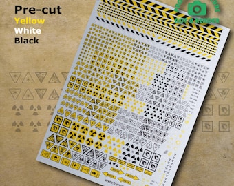 Pre-cut Yellow Warning Signs Waterslide Decals compatible with 28 mm scale tabletop wargaming miniatures