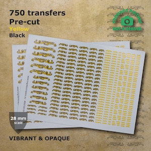 Decalcomanie pretagliate con trasferimento ad acqua di leopardi GIALLI per miniature da wargame da tavolo storiche, fantascientifiche e fantasy da 28 mm