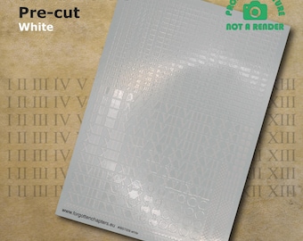 Pre-cut WHITE  Waterslide Decals with Roman Numerals compatible with 28 mm tabletop wargaming miniatures