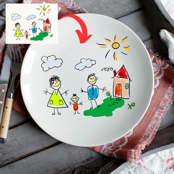 Plaque en céramique personnalisée de dessin d’enfant manuscrite avec crochets et assiettes personnalisées de base Plaque d’œuvre d’art pour enfants Décor Cadeau d’anniversaire