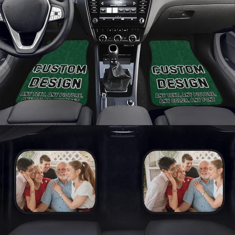 May include: Two green car floor mats with the text "CUSTOM DESIGN" and "ANY TEXT. ANY PICTURE. ANY COLOR. ANY FONT". The mats are in a car with two black headrests with images of a family.