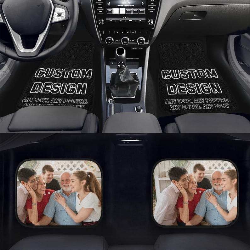 May include: Custom car floor mats with a black background and white text that says "CUSTOM DESIGN" and "ANY TEXT. ANY PICTURE. ANY COLOR. ANY FONT". The mats are shown in a car interior with two additional mats featuring family photos.