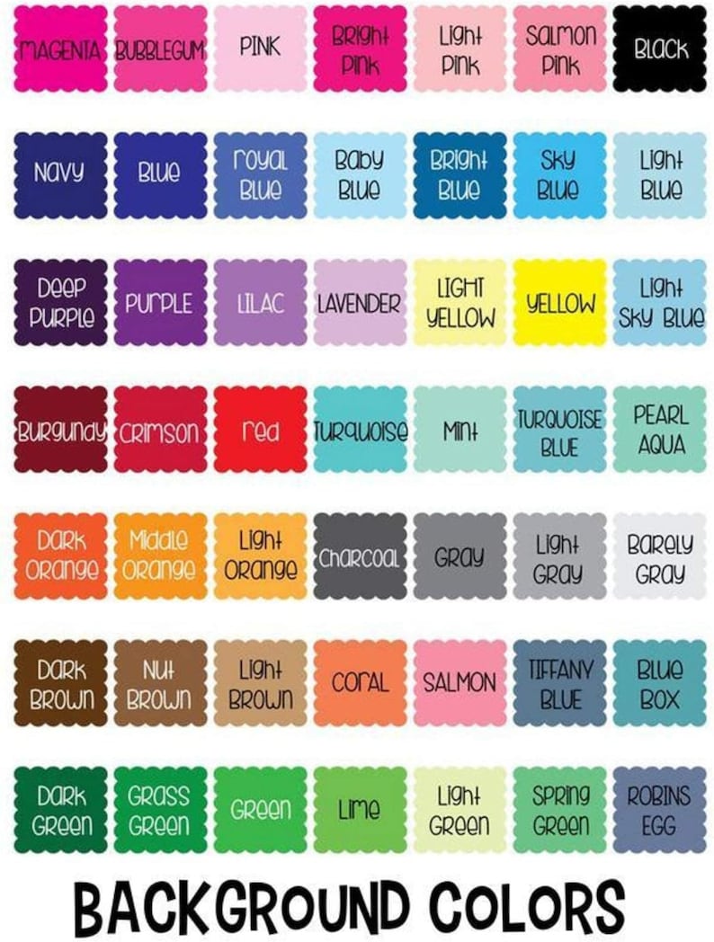 Puede incluir: Una tabla de 60 muestras de colores diferentes con sus nombres escritos debajo de cada muestra. Los colores est&aacute;n dispuestos en filas y columnas. Los colores incluyen magenta, chicle, rosa, rosa brillante, rosa claro, salm&oacute;n, negro, azul marino, azul, azul real, azul beb&eacute;, azul brillante, azul cielo, azul claro, morado oscuro, morado, lila, lavanda, amarillo claro, amarillo, azul cielo claro, burdeos, carmes&iacute;, rojo, turquesa, menta, azul turquesa, aqua perla, naranja oscuro, naranja medio, naranja claro, carb&oacute;n, gris, gris claro, gris apenas, marr&oacute;n oscuro, marr&oacute;n nuez, marr&oacute;n claro, coral, salm&oacute;n, azul Tiffany, caja azul, verde oscuro, verde hierba, verde, lima, verde claro, verde primavera, huevo de petirrojo. La tabla est&aacute; titulada "COLORES DE FONDO".