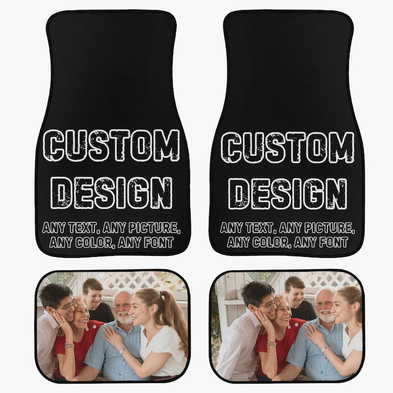 May include: Two black car floor mats with white text that reads "CUSTOM DESIGN ANY TEXT. ANY PICTURE. ANY COLOR. ANY FONT". Each mat has a photo of a family of five people.