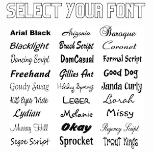 Puede incluir: Una lista de diferentes estilos de fuente en texto negro sobre fondo blanco. Las fuentes est&aacute;n dispuestas en tres columnas. El texto en la parte superior de la imagen dice "SELECT YOUR FONT".