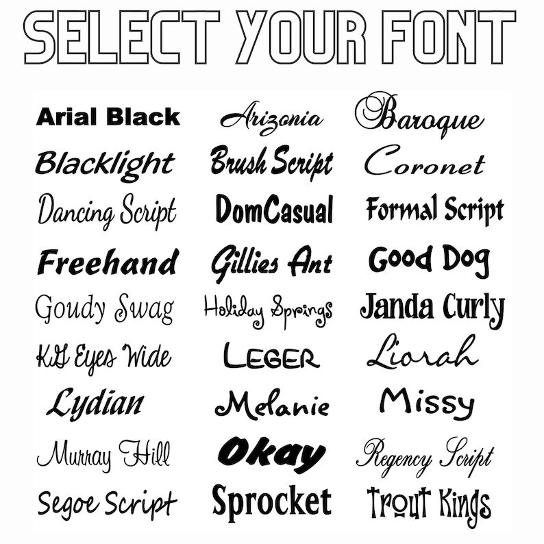 Puede incluir: Una lista de diferentes estilos de fuente en texto negro sobre fondo blanco. Las fuentes est&aacute;n dispuestas en tres columnas. El texto en la parte superior de la imagen dice "SELECT YOUR FONT".