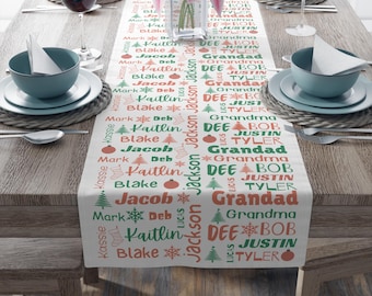 Puede incluir: Un camino de mesa blanco con un tema navideño con árboles verdes, adornos rojos y copos de nieve. El camino de mesa está decorado con los nombres "Kaitlin", "Blake", "Jacob", "Deb", "Lucas", "Justin", "Tyler", "Dee", "Grandma" y "Grandad".
