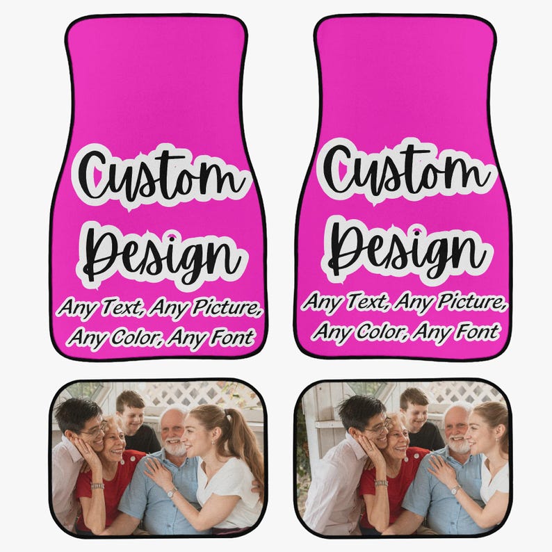 May include: Two pink car floor mats with black text that reads "Custom Design" and "Any Text, Any Picture, Any Color, Any Font". The mats have a photo of a family of four on each mat.