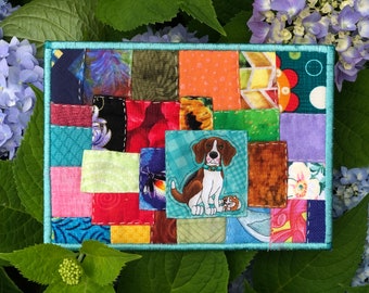 Kawandi inspired Puppy 5x7" card, fabric postcard, hand quilted postcard, gifts under 10