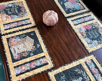 Thanksgiving Fall handmade & quilted placemats, set of 6. Autumn table decor. Rustic farmhouse style. Thanksgiving or harvest table setting.