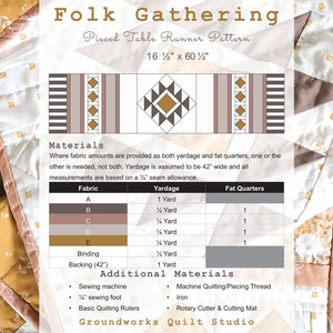 Peut inclure: Un modèle de courtepointe pour un chemin de table appelé "Folk Gathering" avec un motif géométrique dans des tons de brun, beige et rose. Le modèle comprend des instructions pour couper le tissu et coudre le chemin de table. Le chemin de table fini mesure 41,9 cm sur 153,7 cm.