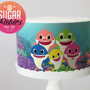 ¡Envoltorio para tarta con dibujos de tiburones! Imagen comestible, hoja de glaseado. Adornos para tarta de cumpleaños con forma de tiburón.