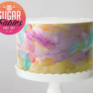 Marbled Rainbow with faux gold, edible glitter cake wrap, edible image, icing sheet.