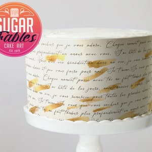 Carta de amor francesa, lámina de glaseado manuscrita. ¡Envoltura comestible con brillantina para pastel! ¡Imagen comestible! Con o sin pinceladas doradas.