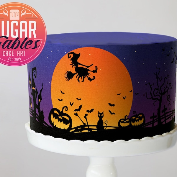 Halloween Moon, Witches, Cats and bats! Edible image, cake wrap, icing sheet.