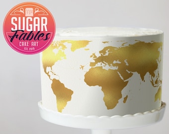 Globe Trotter Edible Image, Cake Wrap with edible glitter, Faux Gold or Silver icing sheet!