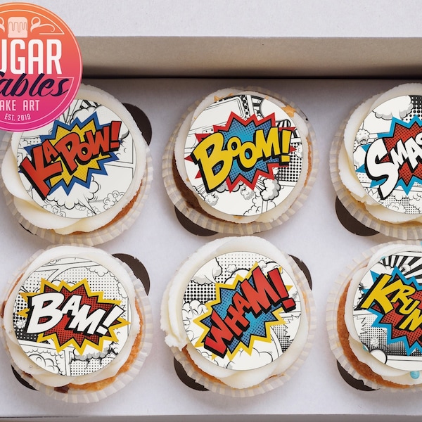 Comic Book Action Cupcake and Cookie Toppers! Superhero Birthdays, Edible images for Oreos, cookies and cupcakes, Multiple sizes.