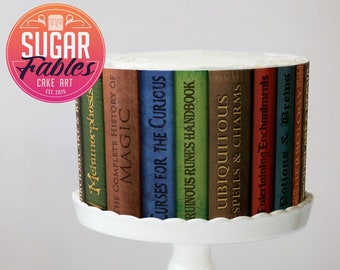 Spell Books Edible Image, Wizard Cake Wrap, Booklovers library shelf icing sheet.